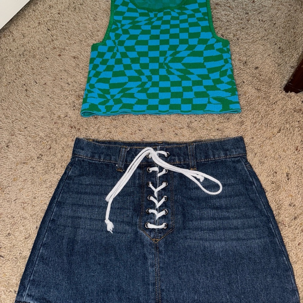 Forever 21 Denim Skirt accompanied by A checkered top Size small
